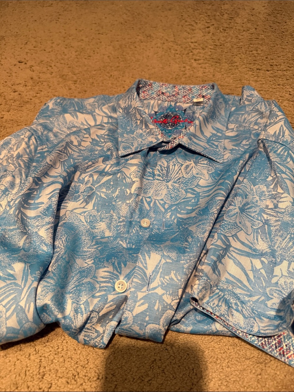 Robert Graham Turquoise & Red Embroidered Floral Shirt Collar Detail